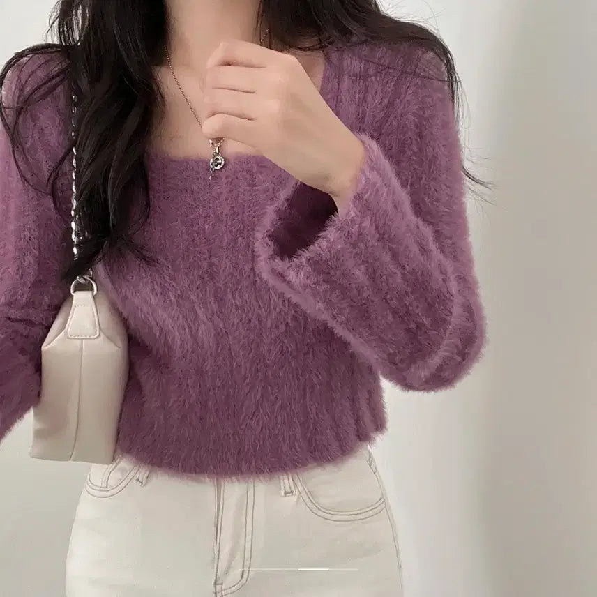[BUNJANG] Yeori Popl Angora Square Long Sleeve Crop Knit / 여리 포플 퍼 앙고라 스퀘어 긴팔 크롭 니트