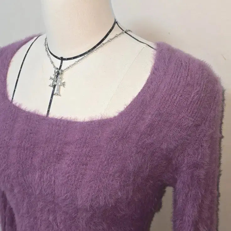 [BUNJANG] Yeori Popl Angora Square Long Sleeve Crop Knit / 여리 포플 퍼 앙고라 스퀘어 긴팔 크롭 니트