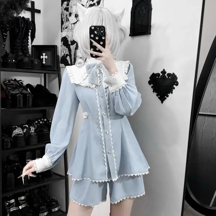 [BUNJANG] Sky Blue Lace Dress and Shorts Set / 양산형 지뢰계하늘색 레이스 원피스+반바지 세트