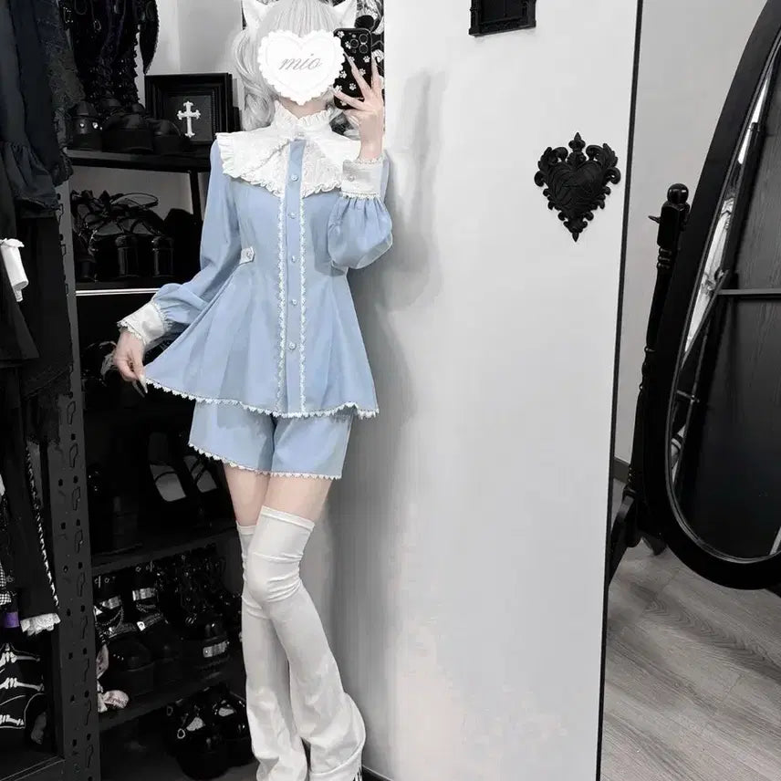 [BUNJANG] Sky Blue Lace Dress and Shorts Set / 양산형 지뢰계하늘색 레이스 원피스+반바지 세트