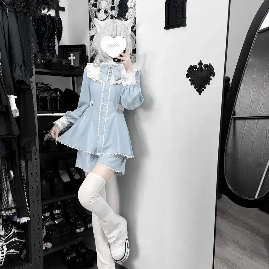 [BUNJANG] Sky Blue Lace Dress and Shorts Set / 양산형 지뢰계하늘색 레이스 원피스+반바지 세트