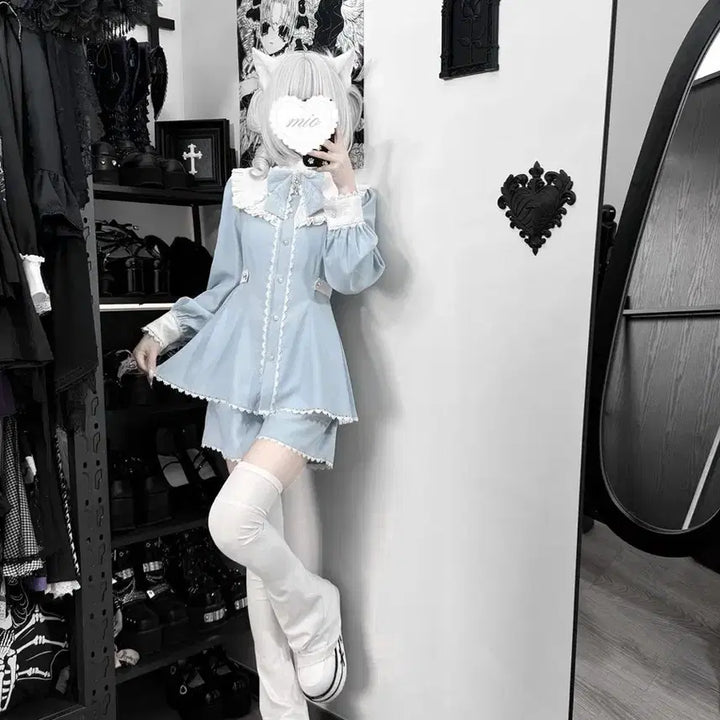 [BUNJANG] Sky Blue Lace Dress and Shorts Set / 양산형 지뢰계하늘색 레이스 원피스+반바지 세트