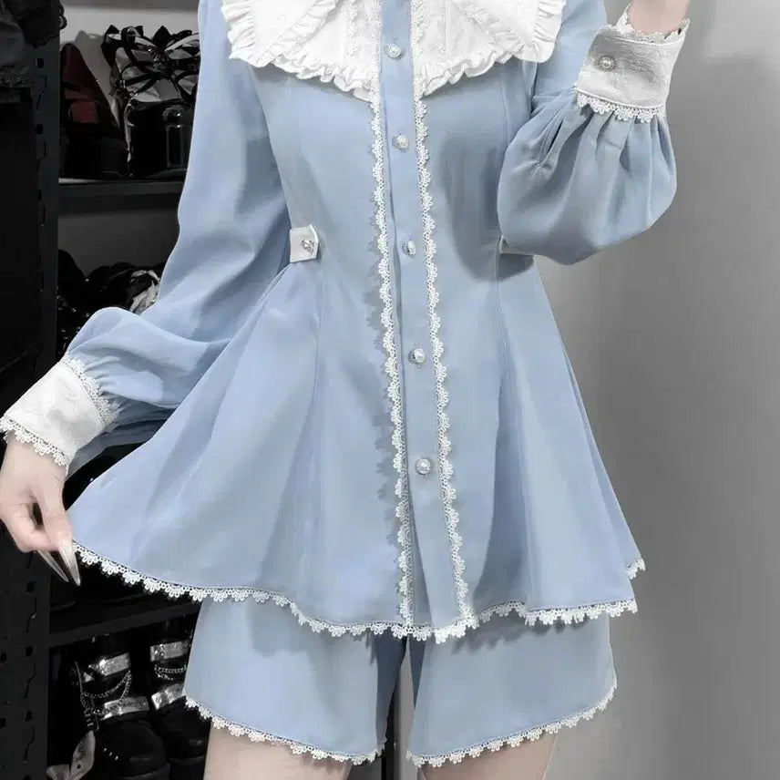 [BUNJANG] Sky Blue Lace Dress and Shorts Set / 양산형 지뢰계하늘색 레이스 원피스+반바지 세트