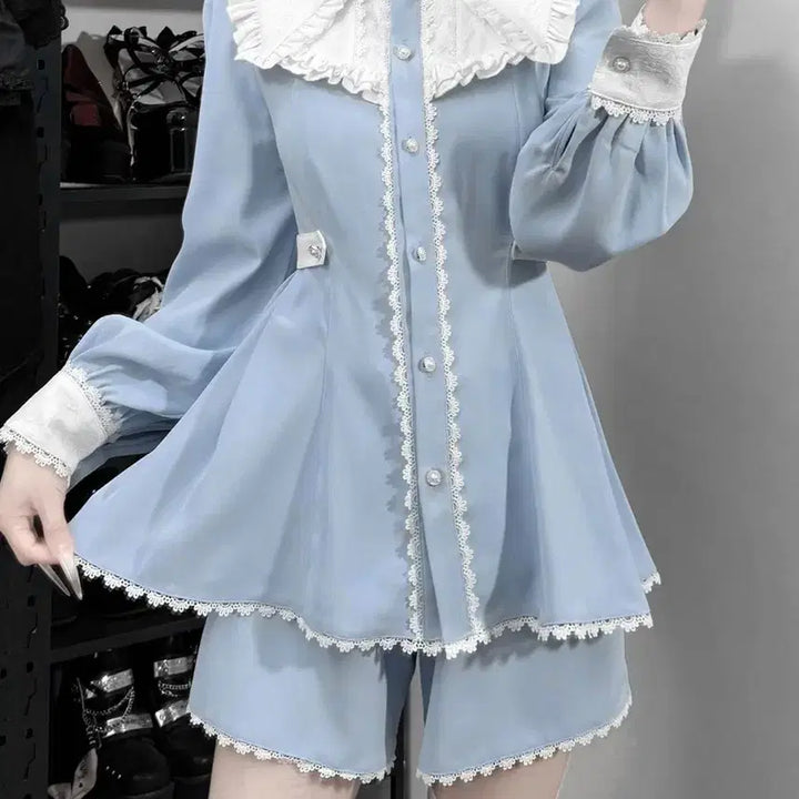 [BUNJANG] Sky Blue Lace Dress and Shorts Set / 양산형 지뢰계하늘색 레이스 원피스+반바지 세트