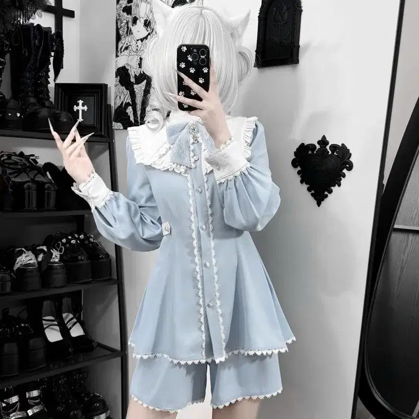 [BUNJANG] Sky Blue Lace Dress and Shorts Set / 양산형 지뢰계하늘색 레이스 원피스+반바지 세트
