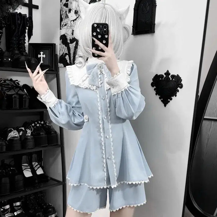 [BUNJANG] Sky Blue Lace Dress and Shorts Set / 양산형 지뢰계하늘색 레이스 원피스+반바지 세트