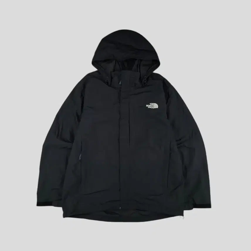 [SOLD OUT] 노스페이스 블랙 그레이 로고 투웨이지퍼 체스트포켓 후드 바람막이 자켓 L