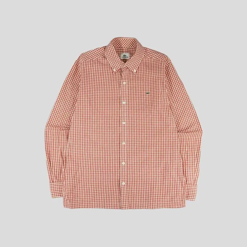[BUNJANG] Lacoste Gingham Check Button-Down Cotton Shirt / 라코스테 화이트 레드 배색 깅엄체크 크록로고 버튼다운 코튼 남방 셔츠 M