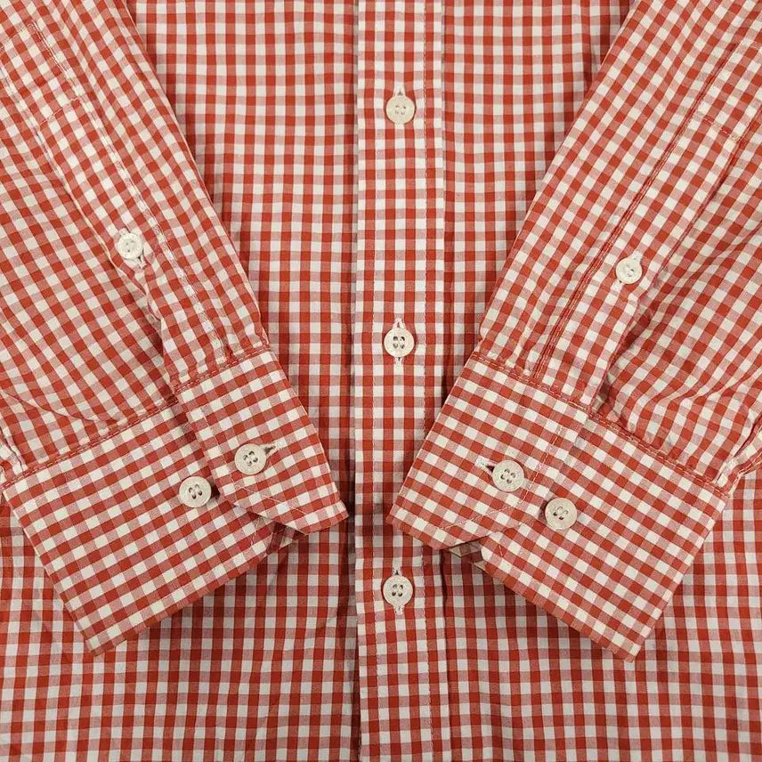 [BUNJANG] Lacoste Gingham Check Button-Down Cotton Shirt / 라코스테 화이트 레드 배색 깅엄체크 크록로고 버튼다운 코튼 남방 셔츠 M