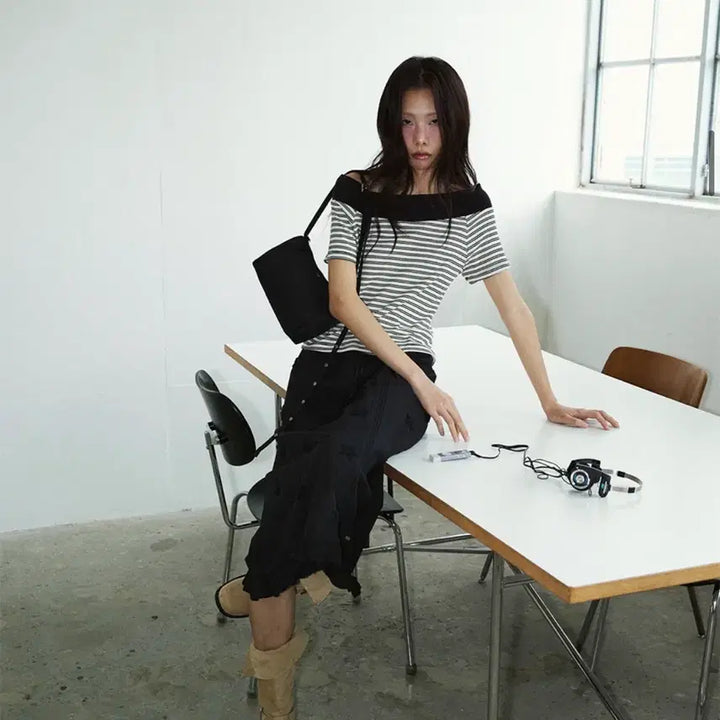 [BUNJANG] Rense Striped Off-Shoulder T-Shirt / 렌세 rense 스트라이프 오프숄더 티셔츠(새제품)