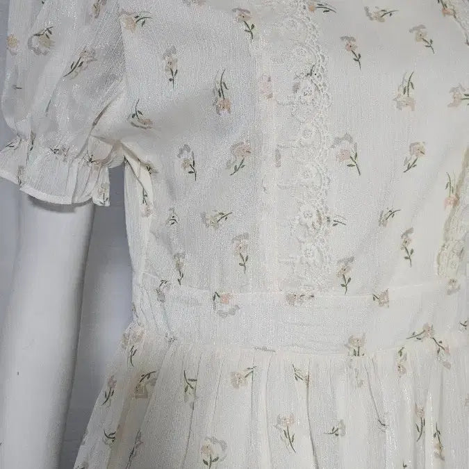 [BUNJANG] Ivory Lace Floral Print Dress / 아이보리 레이스 자크 안감 잔꽃 원피스... 반품 48 길이 90