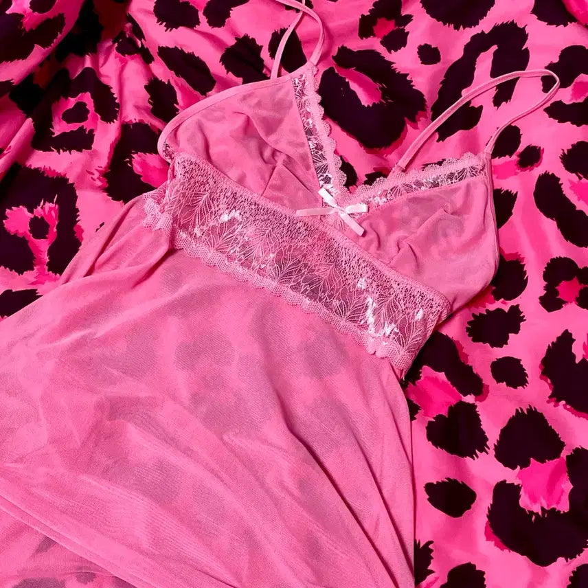 [BUNJANG] Vintage Pink Ribbon Lace Slip Dress / 갸루 빈티지 핑크 리본 레이스 슬립 원피스