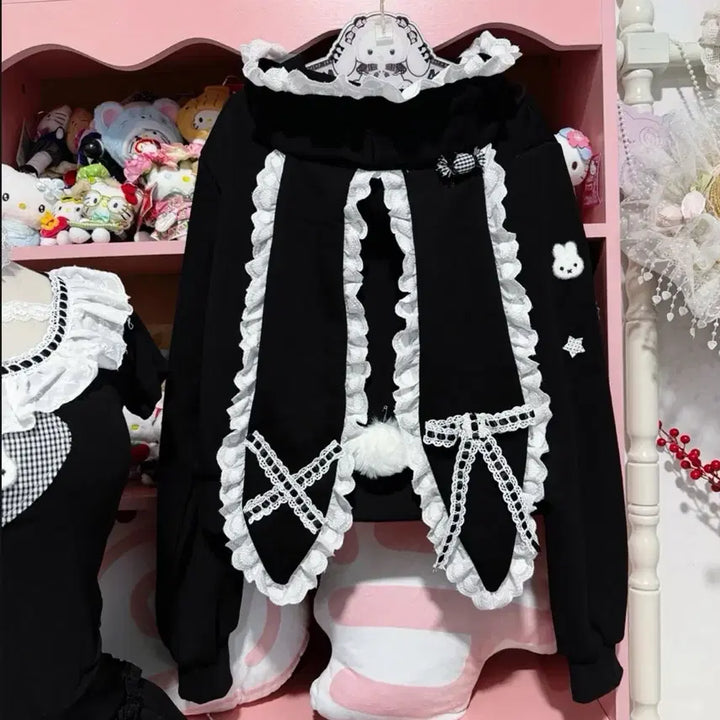 [BUNJANG] Subculture Rabbit Ear Lace Hooded Zip-up / 서브컬처 지뢰계 토끼귀 레이스 후드집업
