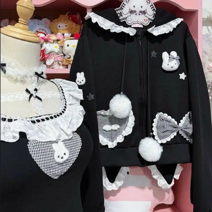 [BUNJANG] Subculture Rabbit Ear Lace Hooded Zip-up / 서브컬처 지뢰계 토끼귀 레이스 후드집업