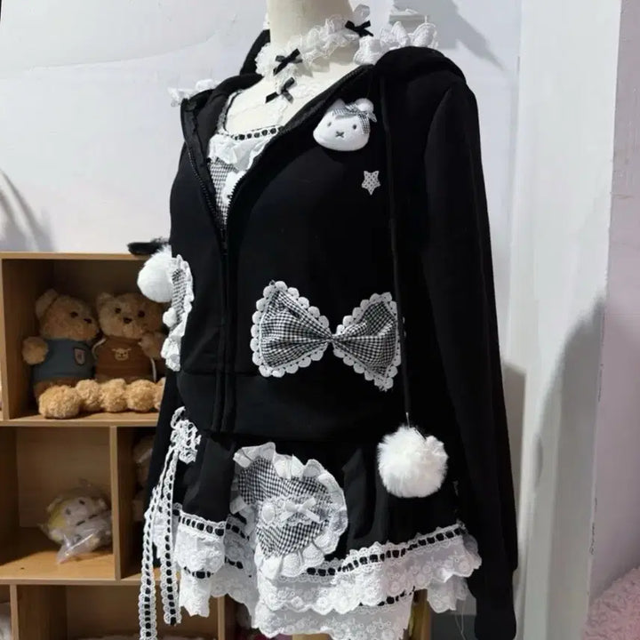 [BUNJANG] Subculture Rabbit Ear Lace Hooded Zip-up / 서브컬처 지뢰계 토끼귀 레이스 후드집업
