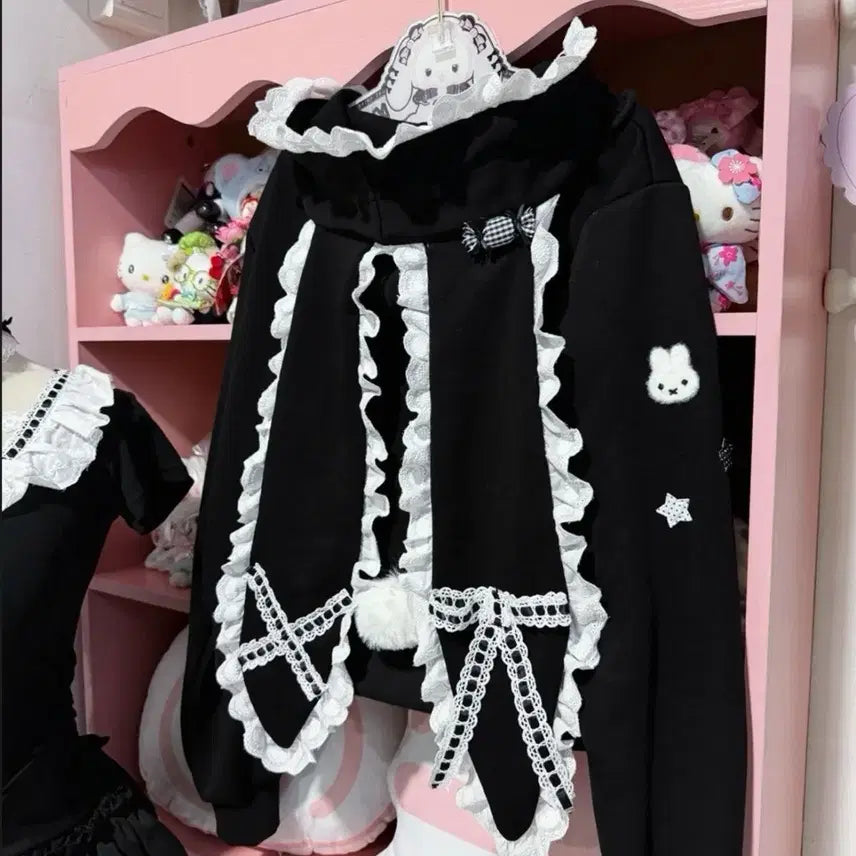 [BUNJANG] Subculture Rabbit Ear Lace Hooded Zip-up / 서브컬처 지뢰계 토끼귀 레이스 후드집업