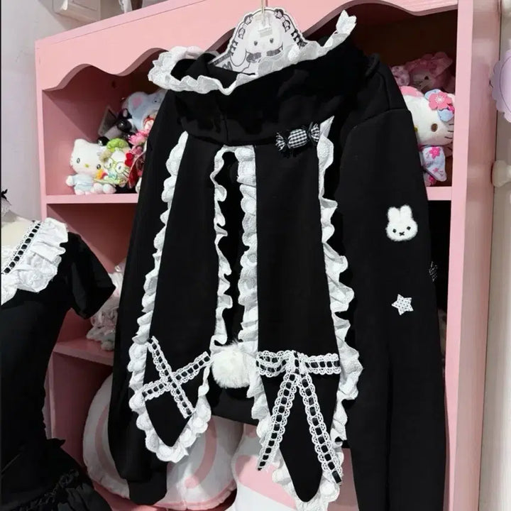 [BUNJANG] Subculture Rabbit Ear Lace Hooded Zip-up / 서브컬처 지뢰계 토끼귀 레이스 후드집업