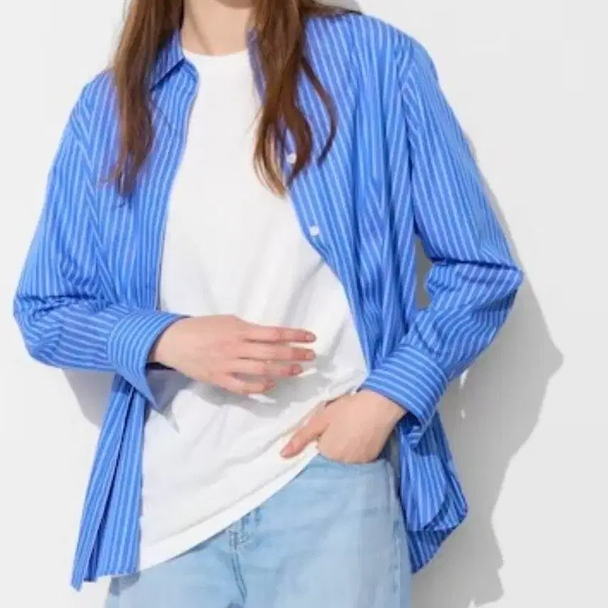 [BUNJANG] Uniqlo Blue Striped Shirt M / 유니클로 블루 스트라이프 셔츠 M