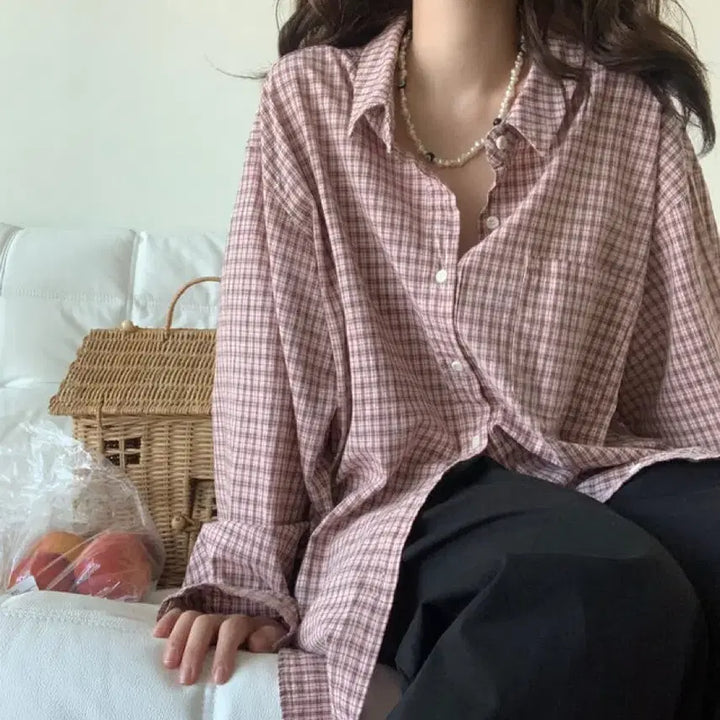 [BUNJANG] Linenne Cherry Checkered Overshirt / 체리 체크 오버 셔츠(핑크)