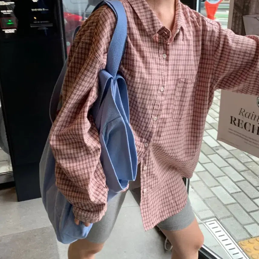 [BUNJANG] Linenne Cherry Checkered Overshirt / 체리 체크 오버 셔츠(핑크)