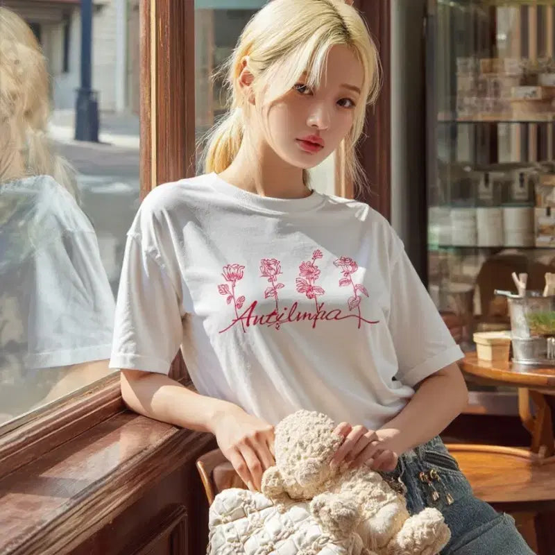 [BUNJANG] Antalika Rose Print Short Sleeve T-shirt / 화이트 Antalika 장미 프린팅 반팔 티셔츠