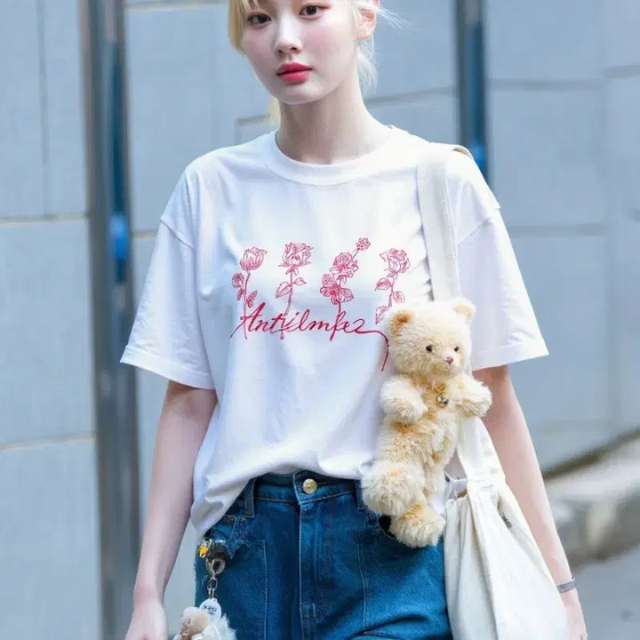[BUNJANG] Antalika Rose Print Short Sleeve T-shirt / 화이트 Antalika 장미 프린팅 반팔 티셔츠