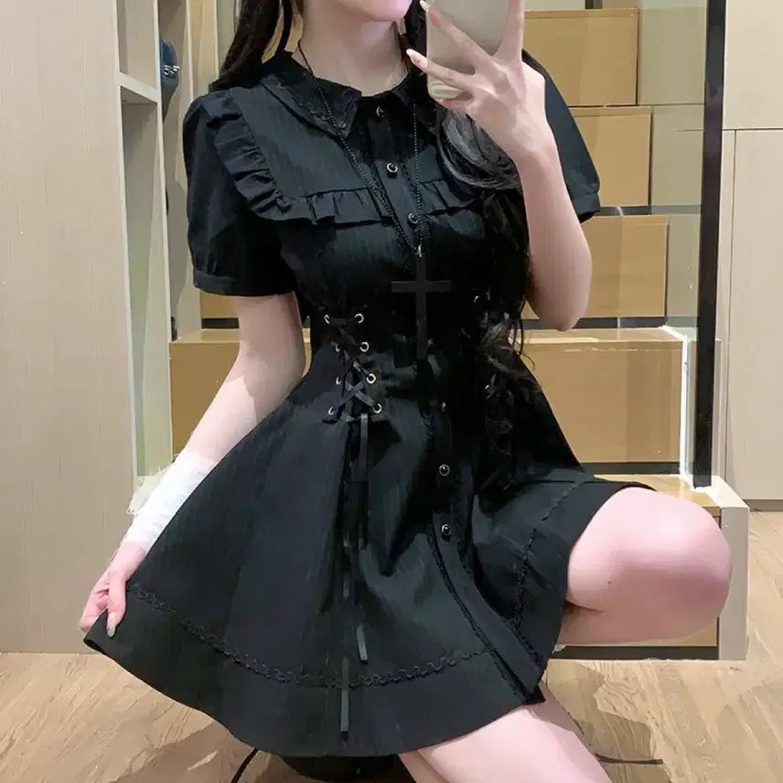 [BUNJANG] Black Striped Cross Mini Dress / 지뢰계 패션 블랙 스트라이프 크로스 미니원피스
