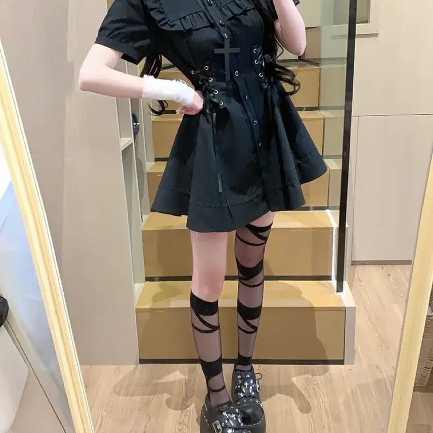 [BUNJANG] Black Striped Cross Mini Dress / 지뢰계 패션 블랙 스트라이프 크로스 미니원피스