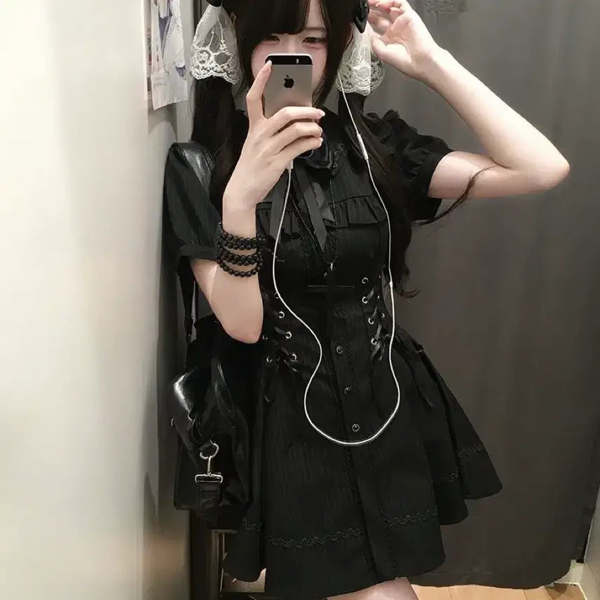 [BUNJANG] Black Striped Cross Mini Dress / 지뢰계 패션 블랙 스트라이프 크로스 미니원피스