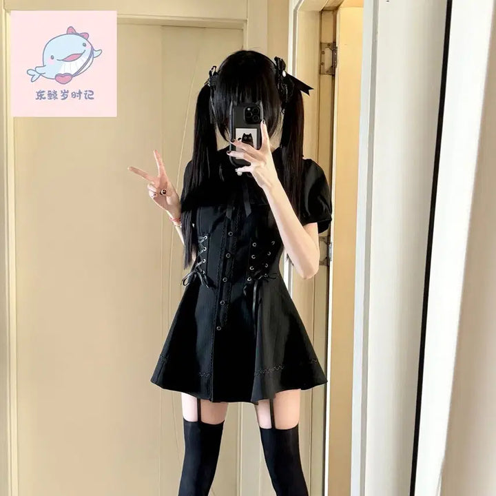 [BUNJANG] Black Striped Cross Mini Dress / 지뢰계 패션 블랙 스트라이프 크로스 미니원피스