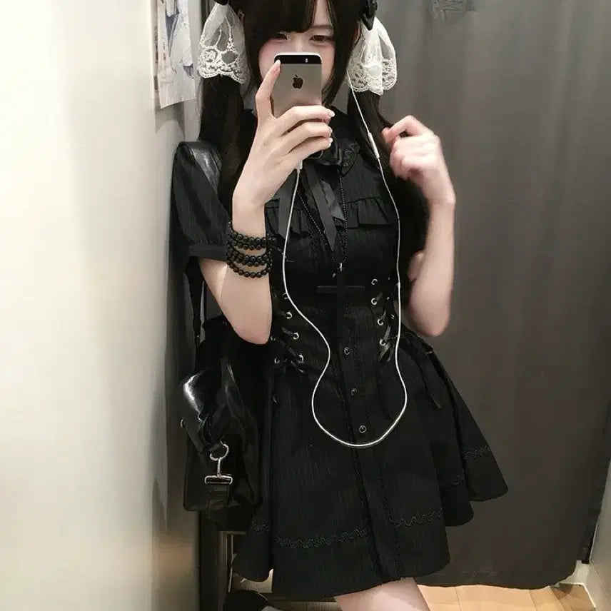 [BUNJANG] Black Striped Cross Mini Dress / 지뢰계 패션 블랙 스트라이프 크로스 미니원피스
