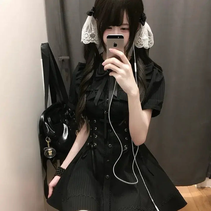 [BUNJANG] Black Striped Cross Mini Dress / 지뢰계 패션 블랙 스트라이프 크로스 미니원피스