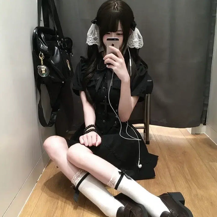 [BUNJANG] Black Striped Cross Mini Dress / 지뢰계 패션 블랙 스트라이프 크로스 미니원피스