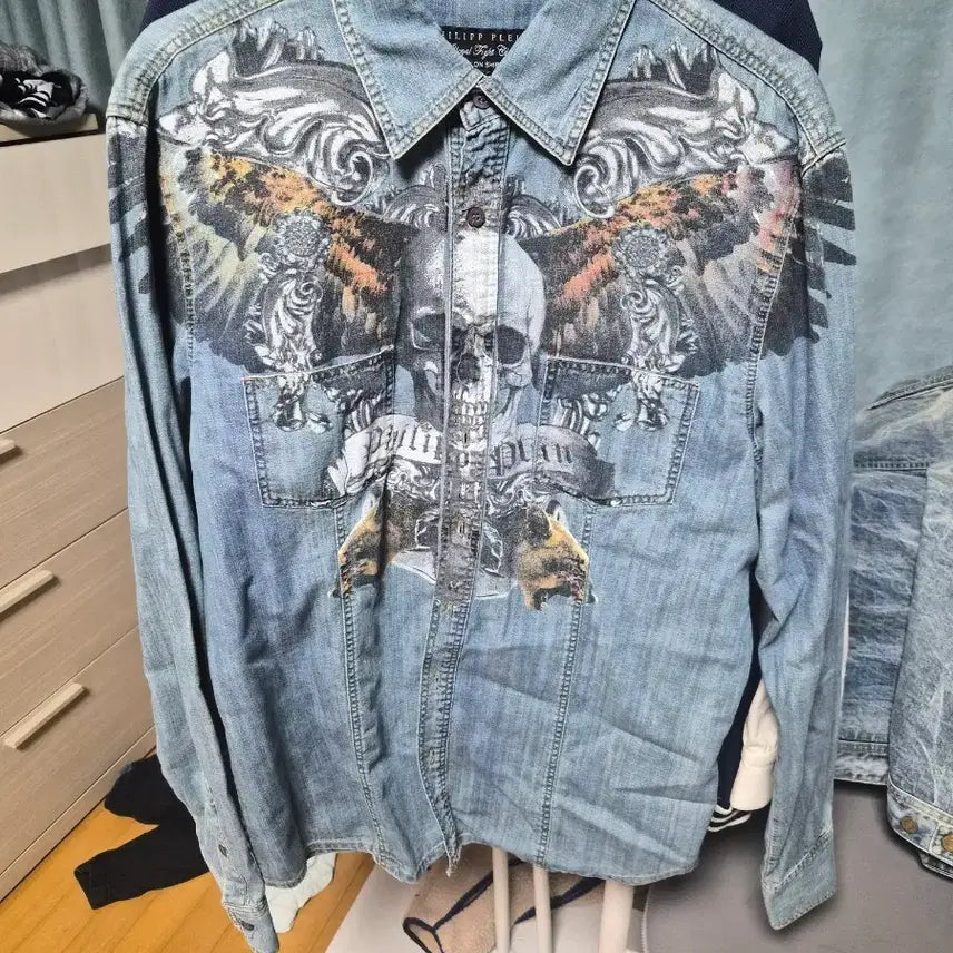 [SOLD OUT] [xl]필립플레인 해골 프린팅 데님 셔츠