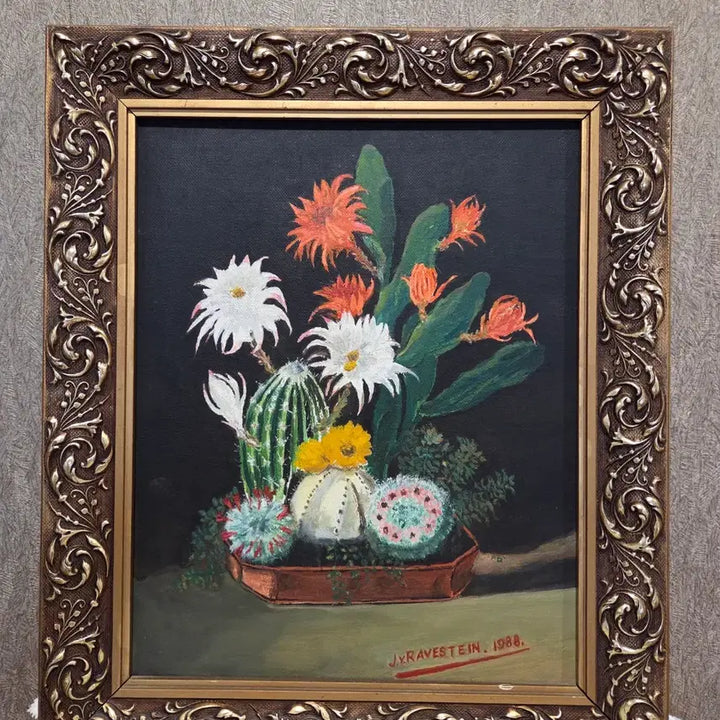[BUNJANG] J.Y. RAVESTEIN Oil Painting on Wood Board - "Cactus Still Life" (1988) / 나무 보드 유화 빈티지 정물화 (J.Y. RAVESTEIN)