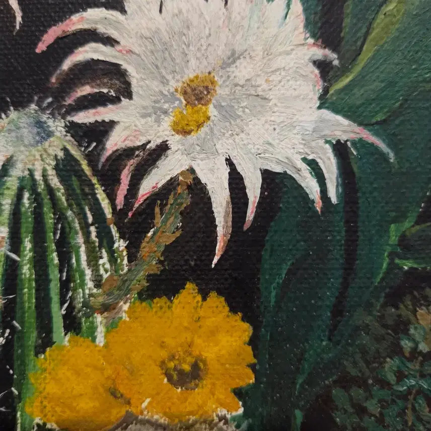 [BUNJANG] J.Y. RAVESTEIN Oil Painting on Wood Board - "Cactus Still Life" (1988) / 나무 보드 유화 빈티지 정물화 (J.Y. RAVESTEIN)