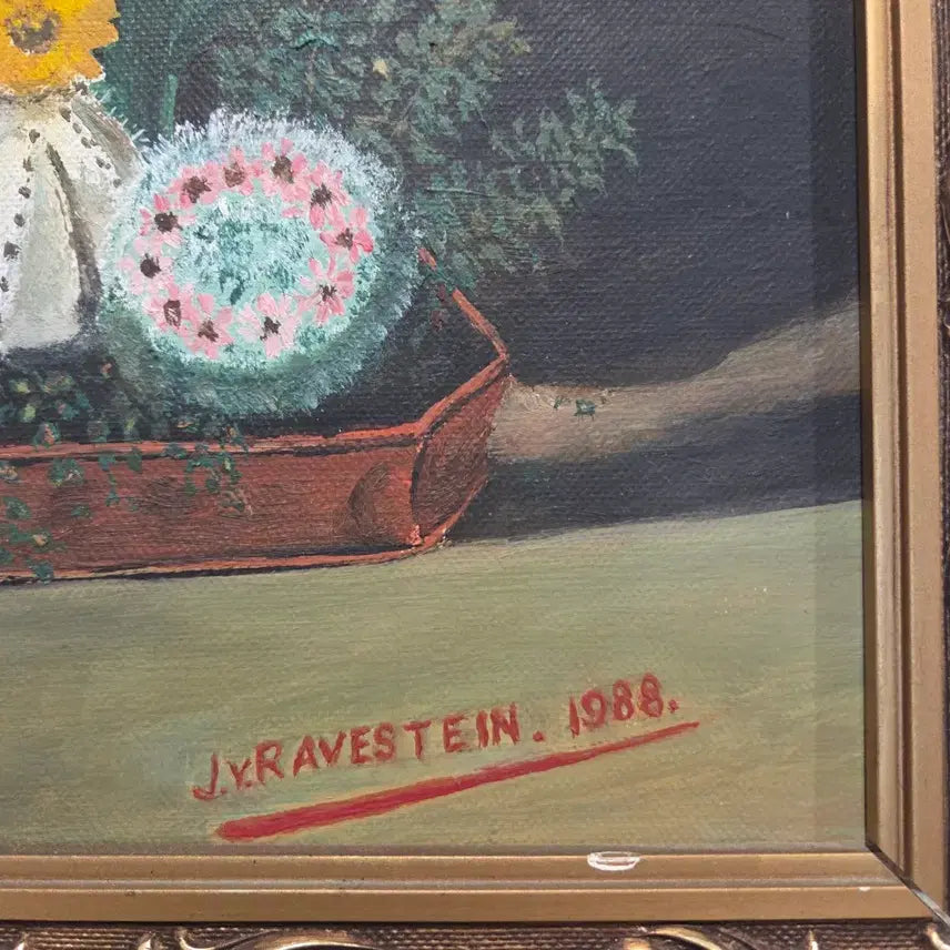 [BUNJANG] J.Y. RAVESTEIN Oil Painting on Wood Board - "Cactus Still Life" (1988) / 나무 보드 유화 빈티지 정물화 (J.Y. RAVESTEIN)