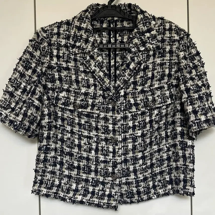 [BUNJANG] Jill Stuart Tweed Short Sleeve Jacket Black White / 질스튜어트트위드 반팔 자켓 블랙 화이트.