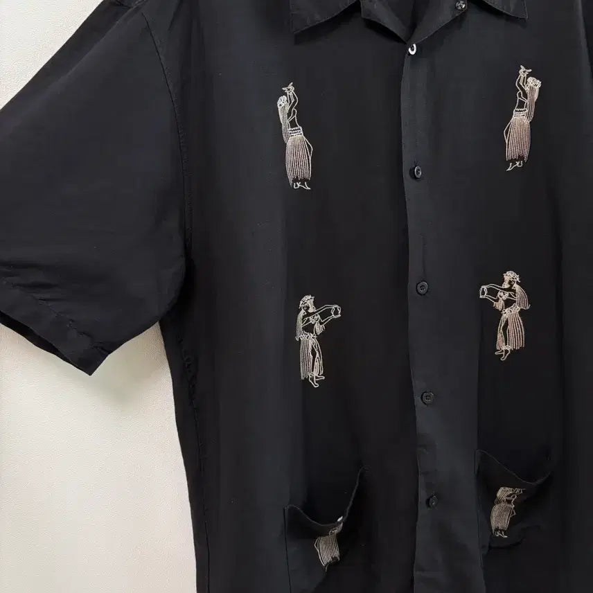 [BUNJANG] Havana Black Embroidered Short Sleeve Shirt / 하바나 셔츠 블랙 자수 반팔 남방