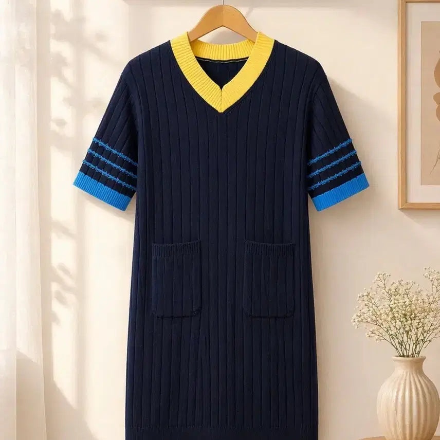 [BUNJANG] Lucky Chouette Knit Navy Dress / 럭키슈에뜨 니트 반팔 원피스 66-77 사이즈 정도 free