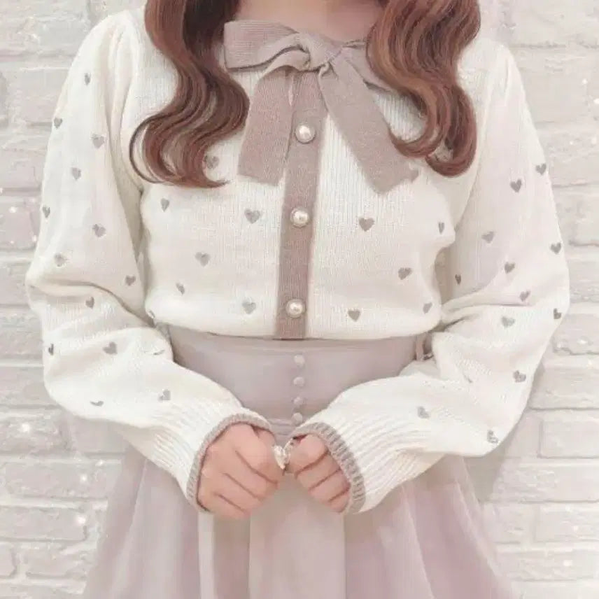 [BUNJANG] Evelyn Heart Pattern Ribbon Knit Top Cardigan / 에블린 evelyn 하트 무늬 리본 니트 탑 가디건 일브 양산형 걸리