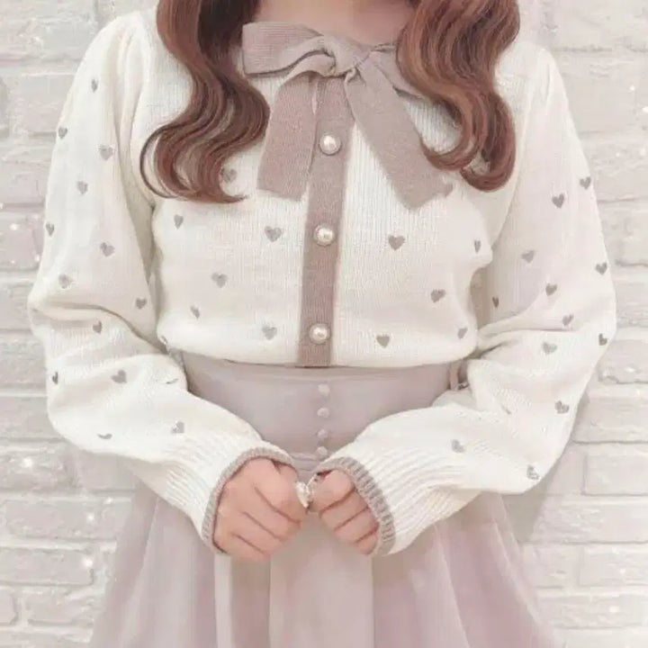 [BUNJANG] Evelyn Heart Pattern Ribbon Knit Top Cardigan / 에블린 evelyn 하트 무늬 리본 니트 탑 가디건 일브 양산형 걸리