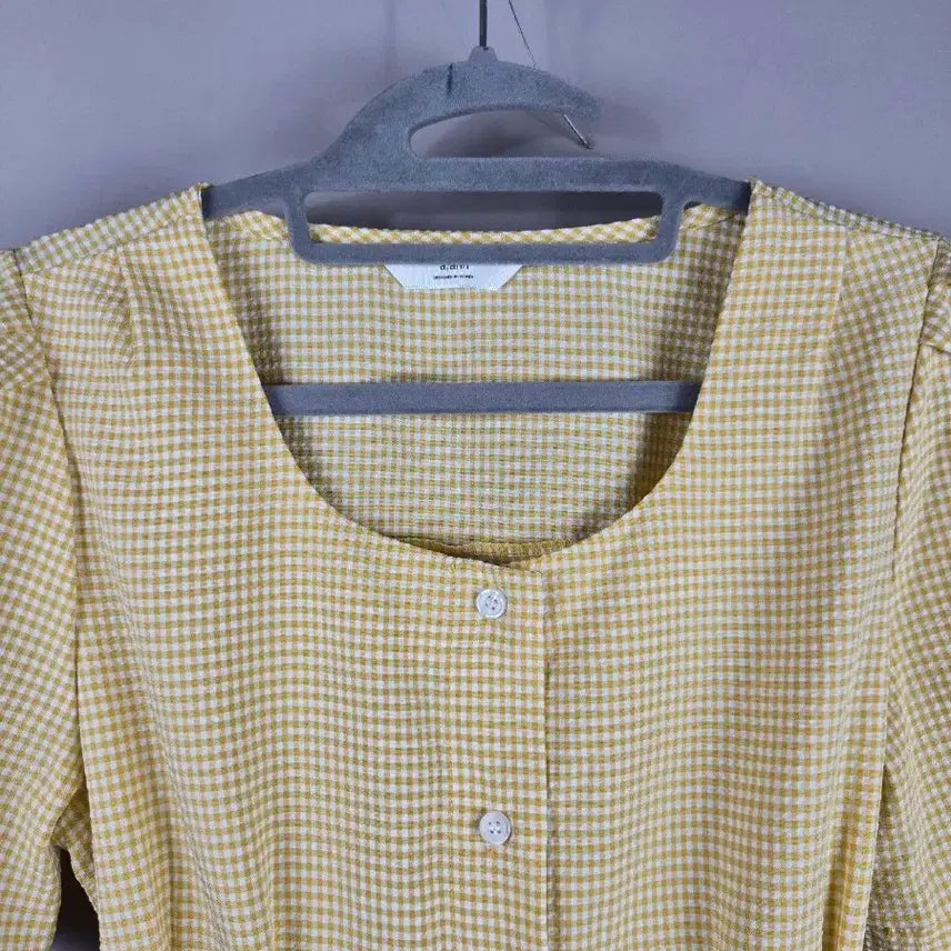 [BUNJANG] a;ann Gingham Square Neck Long Short Sleeve Dress / [무료배송]앤 F 지지미 원단 스판 깅엄 스퀘어넥 체크 롱 반팔 원피스