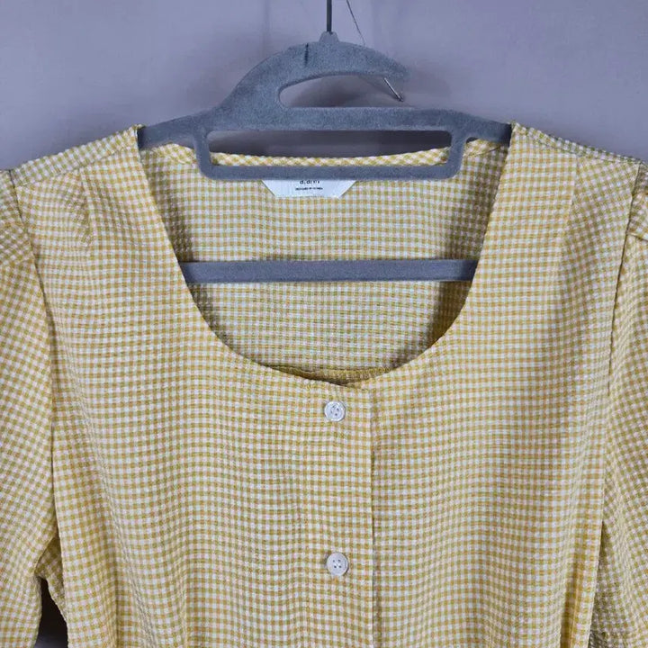 [BUNJANG] a;ann Gingham Square Neck Long Short Sleeve Dress / [무료배송]앤 F 지지미 원단 스판 깅엄 스퀘어넥 체크 롱 반팔 원피스