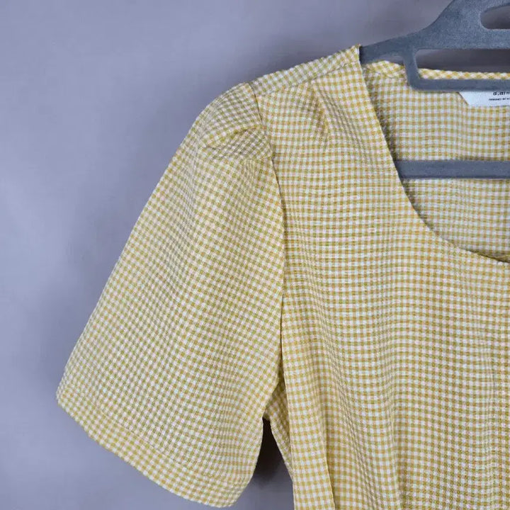 [BUNJANG] a;ann Gingham Square Neck Long Short Sleeve Dress / [무료배송]앤 F 지지미 원단 스판 깅엄 스퀘어넥 체크 롱 반팔 원피스