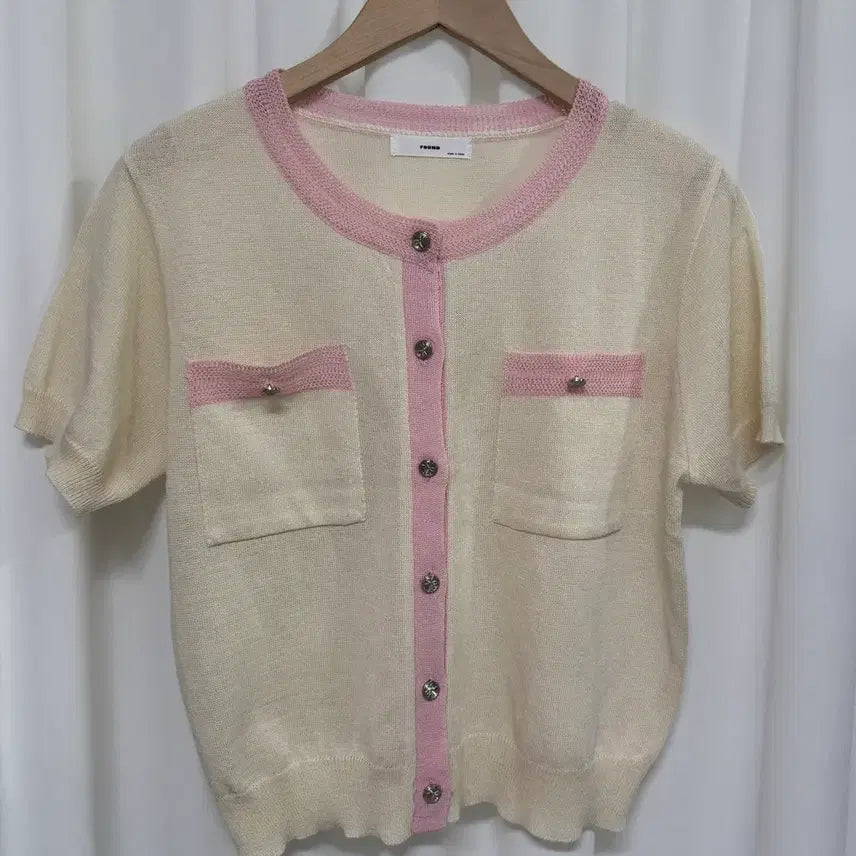 [BUNJANG] Pink Trimmed Short Sleeve Cardigan / [새상품] 핑크 배색 아이보리 반팔 가디건