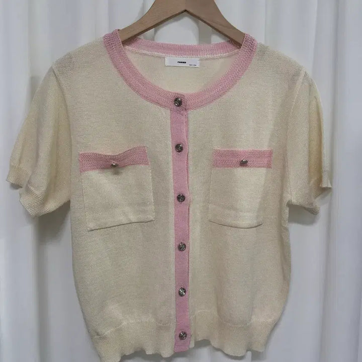[BUNJANG] Pink Trimmed Short Sleeve Cardigan / [새상품] 핑크 배색 아이보리 반팔 가디건