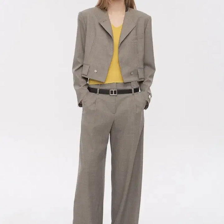 [BUNJANG] TIME Wool Blend Collarless Crop Jacket &amp; Pants Set / 타임 울 블렌드 칼라리스 크롭 자켓 &amp;팬츠 세트
