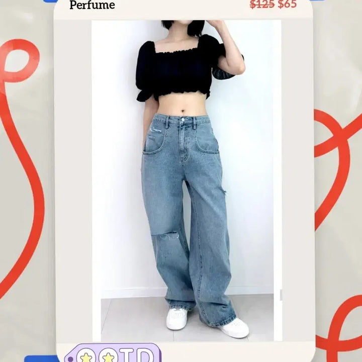 [BUNJANG] !!! Damage Wide Denim Pants (Medium Blue) / (착샷) 느낌표 , 데미지 와이드 중청 데님