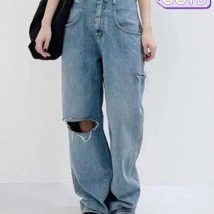 [BUNJANG] !!! Damage Wide Denim Pants (Medium Blue) / (착샷) 느낌표 , 데미지 와이드 중청 데님